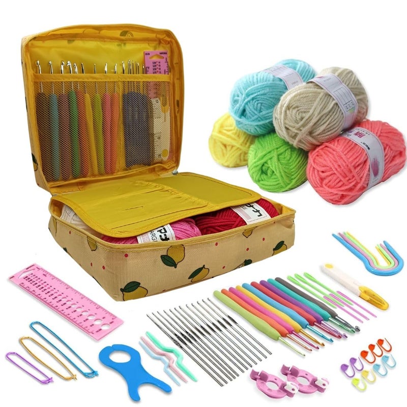 JERN 67 Pcs Crochet Kit Crochet Kit for Beginners Adults Travel Crochet Hook Case with Crochet Hooks 5 Colour Yarn Balls Knitting SuppliesYelllow - Image 1