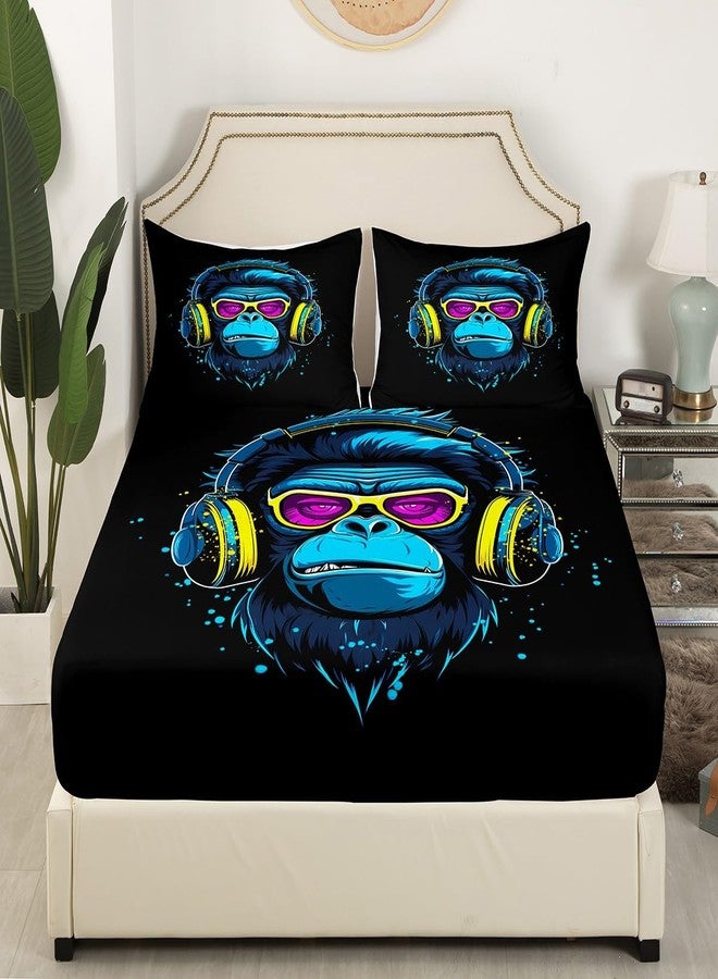 Feelyou 3D Gorilla Bed Sheet Set Headphone Gorilla Bed Sheets for Kids Boys Girls Wild Animal Pattern Bedding Set Watercolor Blue Design Fitted Sheet Bedroom Collection 2Pcs Twin Size - Image 3