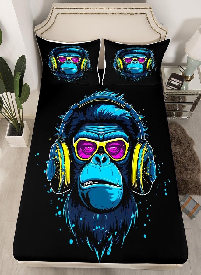Feelyou 3D Gorilla Bed Sheet Set Headphone Gorilla Bed Sheets for Kids Boys Girls Wild Animal Pattern Bedding Set Watercolor Blue Design Fitted Sheet Bedroom Collection 2Pcs Twin Size - Image 2