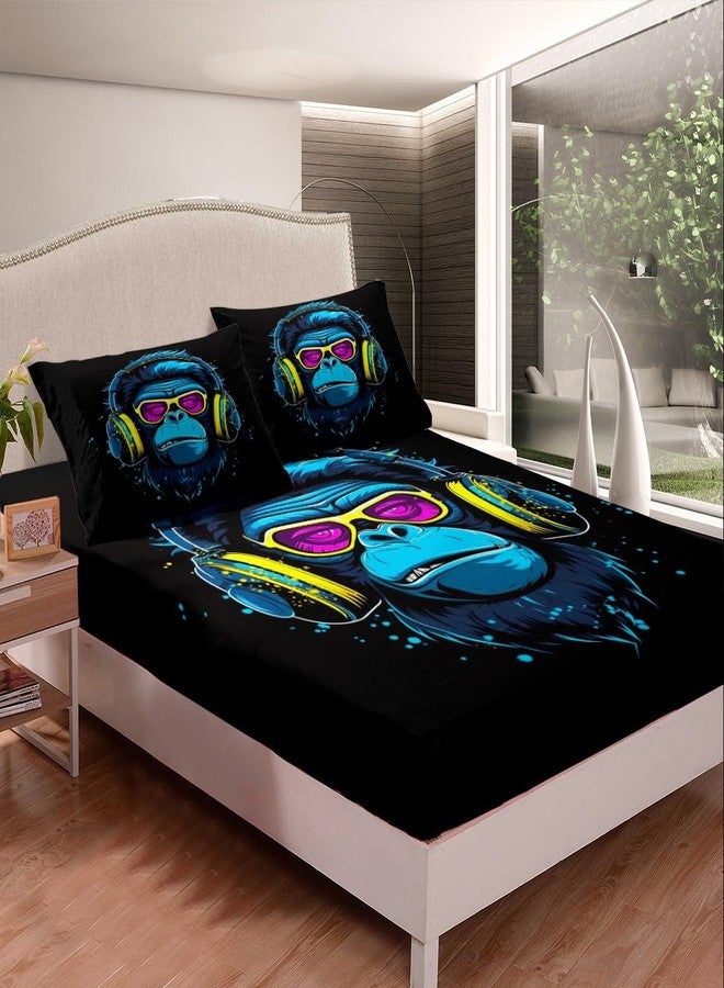 Feelyou 3D Gorilla Bed Sheet Set Headphone Gorilla Bed Sheets for Kids Boys Girls Wild Animal Pattern Bedding Set Watercolor Blue Design Fitted Sheet Bedroom Collection 2Pcs Twin Size - Image 1