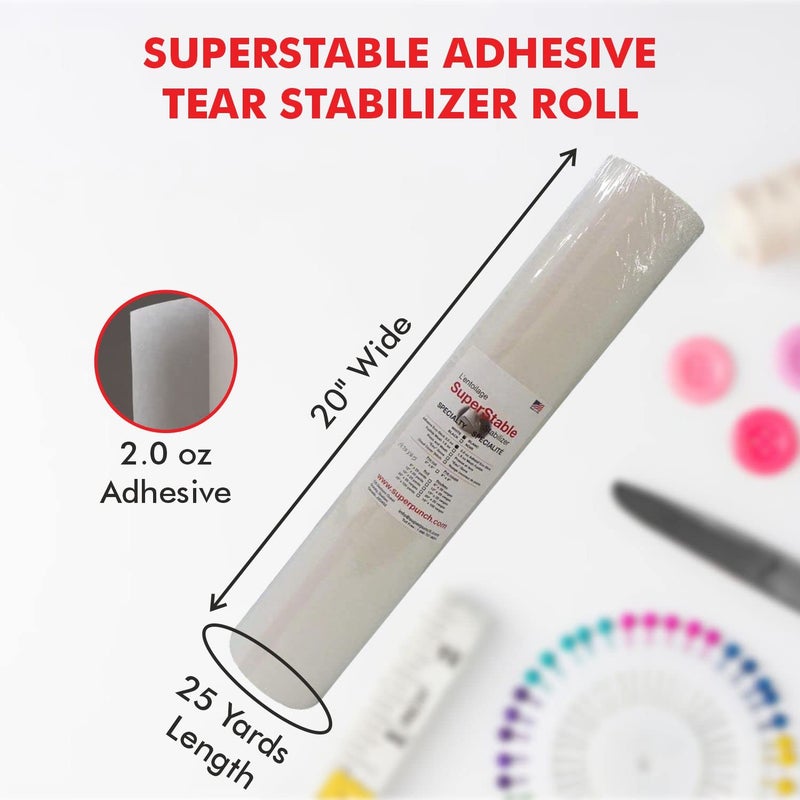 Superpunch White Adhesive Peel & Stick Tear Away Stabilizer - 20-inch x 25-Yard Roll, SuperStable Machine Embroidery Stabilizers Backing 2.0 oz for Hoop Less Embroidery, Made in USA - Image 2