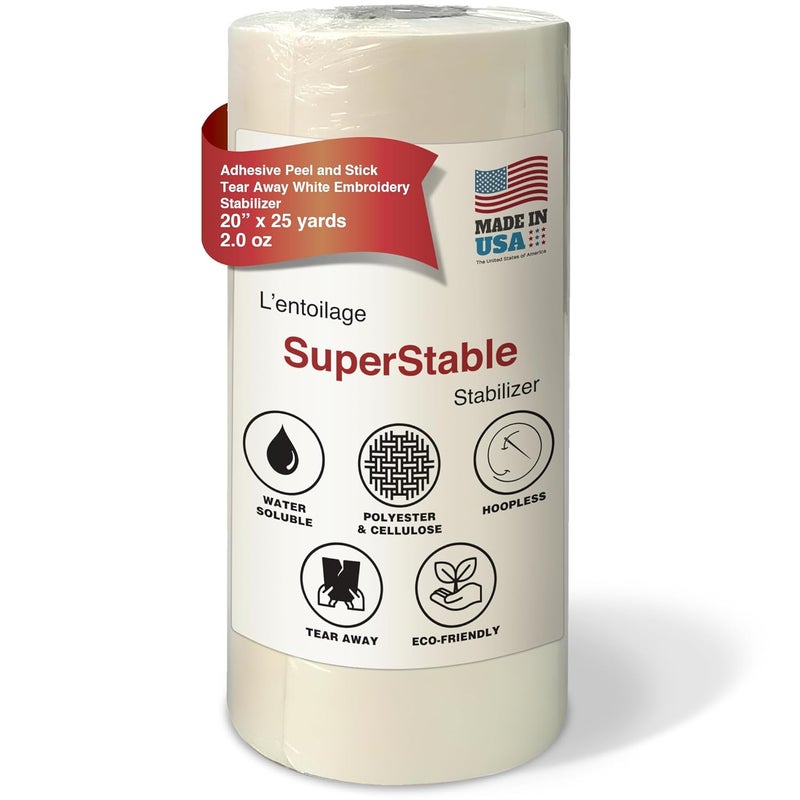 Superpunch White Adhesive Peel & Stick Tear Away Stabilizer - 20-inch x 25-Yard Roll, SuperStable Machine Embroidery Stabilizers Backing 2.0 oz for Hoop Less Embroidery, Made in USA - Image 1