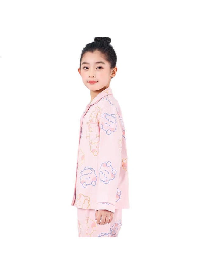 Red Bean Hongdou Children'S Pajama Set, Girls' All-Season Pure Cotton Loungewear, Long-Sleeve Top And Long Pants, Lapel Collar, Two-Piece Set, M3510 Peach White, Size 150 - Image 3