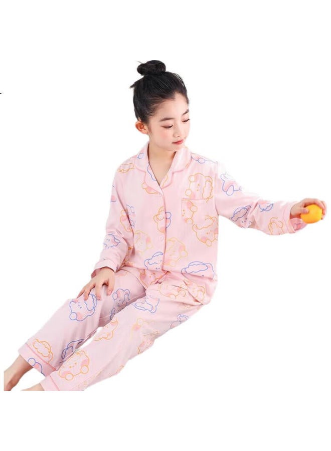 Red Bean Hongdou Children'S Pajama Set, Girls' All-Season Pure Cotton Loungewear, Long-Sleeve Top And Long Pants, Lapel Collar, Two-Piece Set, M3510 Peach White, Size 150 - Image 1