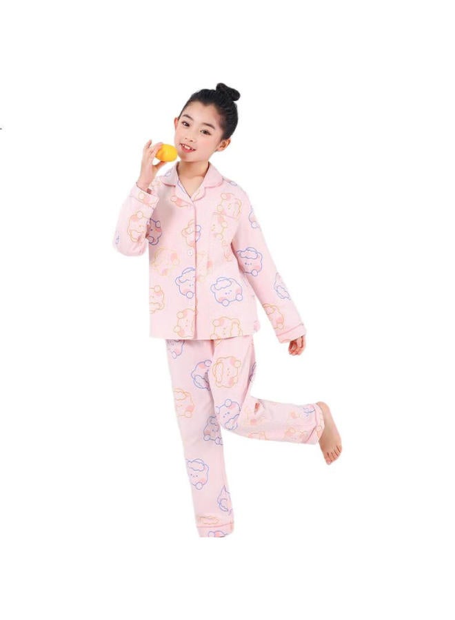 Red Bean Hongdou Children'S Pajama Set, Girls' All-Season Pure Cotton Loungewear, Long-Sleeve Top And Long Pants, Lapel Collar, Two-Piece Set, M3510 Peach White, Size 150 - Image 2