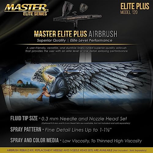 Master Airbrush Master Elite Plus Airbrush Set, Model 120 - Elite Level Spray Performance Dual-Action Gravity Feed Airbrush Kit with Case, 0.3mm Tip, 2 Cups, Filter - Auto-Graphics, Art, Cake, Tattoo, Craft Hobby - Image 4