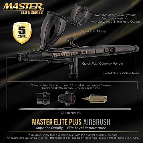 Master Airbrush Master Elite Plus Airbrush Set, Model 120 - Elite Level Spray Performance Dual-Action Gravity Feed Airbrush Kit with Case, 0.3mm Tip, 2 Cups, Filter - Auto-Graphics, Art, Cake, Tattoo, Craft Hobby - Image 2