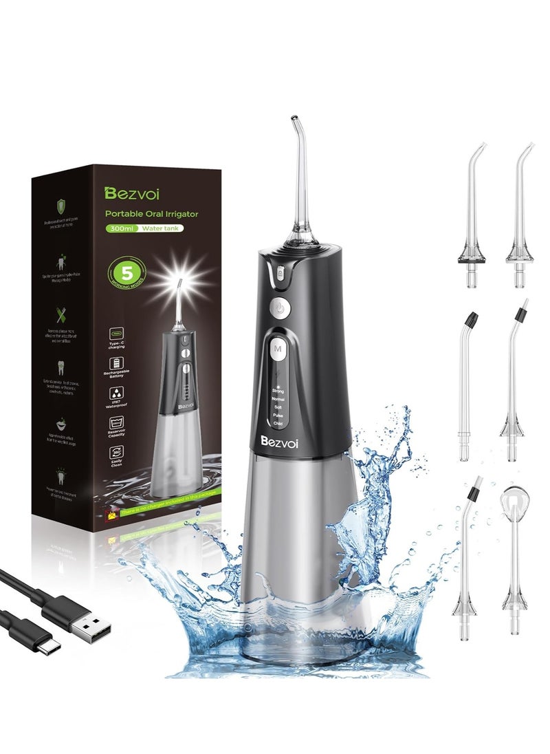Bezvoi - Water Flosser Teeth Pick: 5 Modes Cordless Water Dental Floss 300ML Portable Rechargeable IPX7 Waterproof Electric Water Flossing Cleaning Picks with 6 Jet Tips Oral Irrigator Cleaner, Black - Image 1