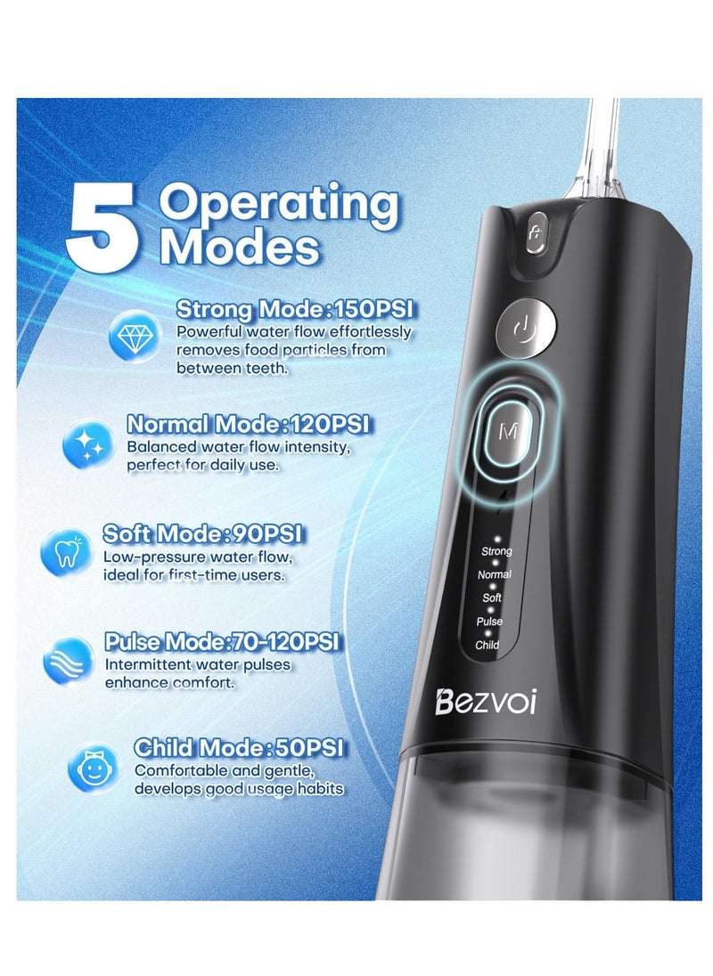 Bezvoi - Water Flosser Teeth Pick: 5 Modes Cordless Water Dental Floss 300ML Portable Rechargeable IPX7 Waterproof Electric Water Flossing Cleaning Picks with 6 Jet Tips Oral Irrigator Cleaner, Black - Image 1