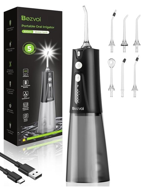 Water Flosser Teeth Pick: 5 Modes Cordless Water Dental Floss 300ML Portable Rechargeable IPX7 Waterproof Electric Water Flossing Cleaning Picks with 6 Jet Tips Oral Irrigator Cleaner, Black