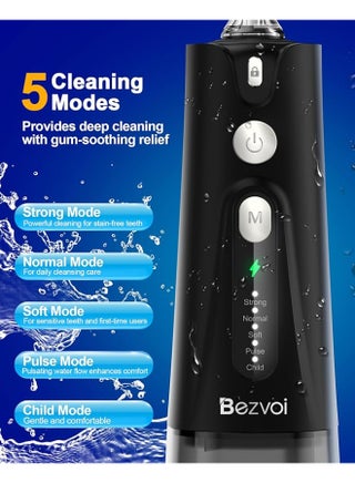Water Flosser Teeth Pick: 5 Modes Cordless Water Dental Floss 300ML Portable Rechargeable IPX7 Waterproof Electric Water Flossing Cleaning Picks with 6 Jet Tips Oral Irrigator Cleaner, Black - view 2
