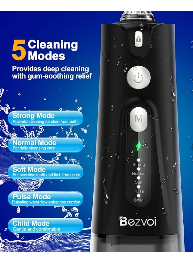Bezvoi Water Flosser Teeth Pick: 5 Modes Cordless Water Dental Floss 300ML Portable Rechargeable IPX7 Waterproof Electric Water Flossing Cleaning Picks with 6 Jet Tips Oral Irrigator Cleaner, Black  - Image 2