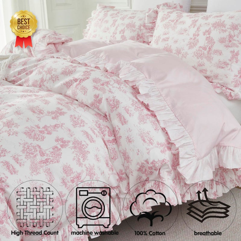 Brandream French Country Toile Queen Duvet Cover Set for Girl Women Bedroom Vintage Pink Toile Floral Print 100% Cotton Duvet Quilt Comforter Cover Pillow Shams Set with Delicate Ruffle Fringe - Image 5