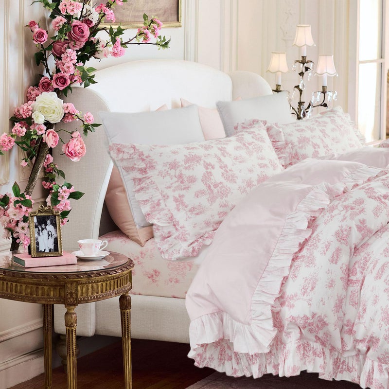 Brandream French Country Toile Queen Duvet Cover Set for Girl Women Bedroom Vintage Pink Toile Floral Print 100% Cotton Duvet Quilt Comforter Cover Pillow Shams Set with Delicate Ruffle Fringe - Image 1