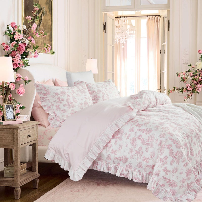 Brandream French Country Toile Queen Duvet Cover Set for Girl Women Bedroom Vintage Pink Toile Floral Print 100% Cotton Duvet Quilt Comforter Cover Pillow Shams Set with Delicate Ruffle Fringe - Image 2