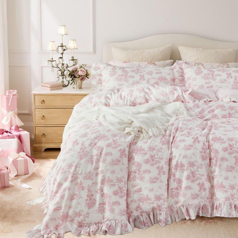 Brandream French Country Toile Queen Duvet Cover Set for Girl Women Bedroom Vintage Pink Toile Floral Print 100% Cotton Duvet Quilt Comforter Cover Pillow Shams Set with Delicate Ruffle Fringe - Image 4