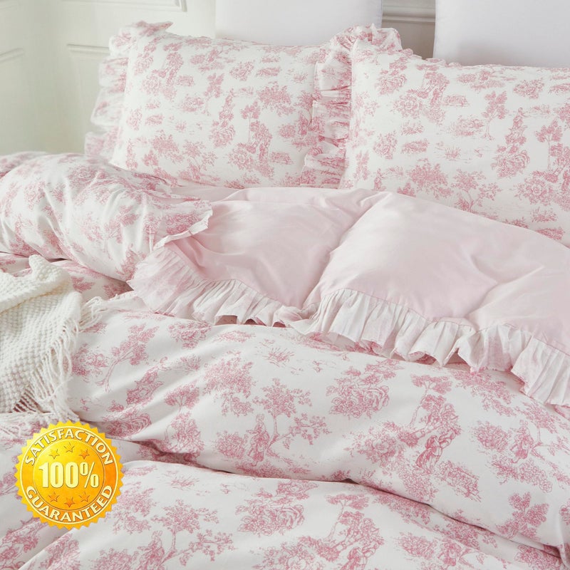 Brandream French Country Toile Queen Duvet Cover Set for Girl Women Bedroom Vintage Pink Toile Floral Print 100% Cotton Duvet Quilt Comforter Cover Pillow Shams Set with Delicate Ruffle Fringe - Image 3