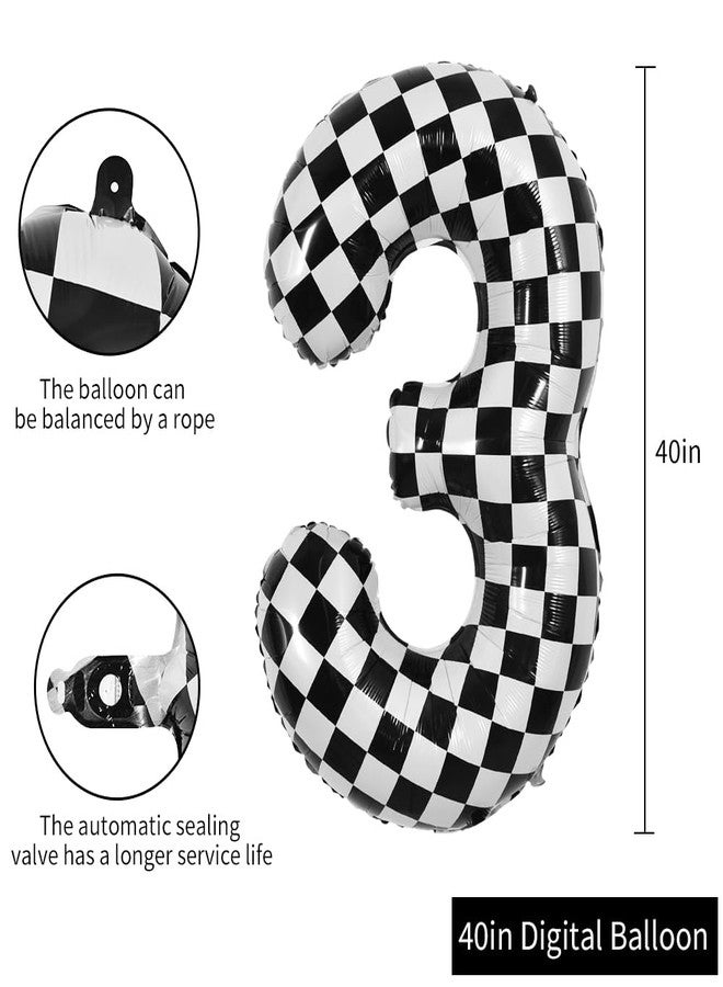TONIFUL 40 Inch Checkered Number 3 Balloon 3rd Race Car Birthday Party Supplies Black and White Large Number Balloon for Girls Boys 3rd Birthday Fast Race Car Flag Party Decorations - Image 2
