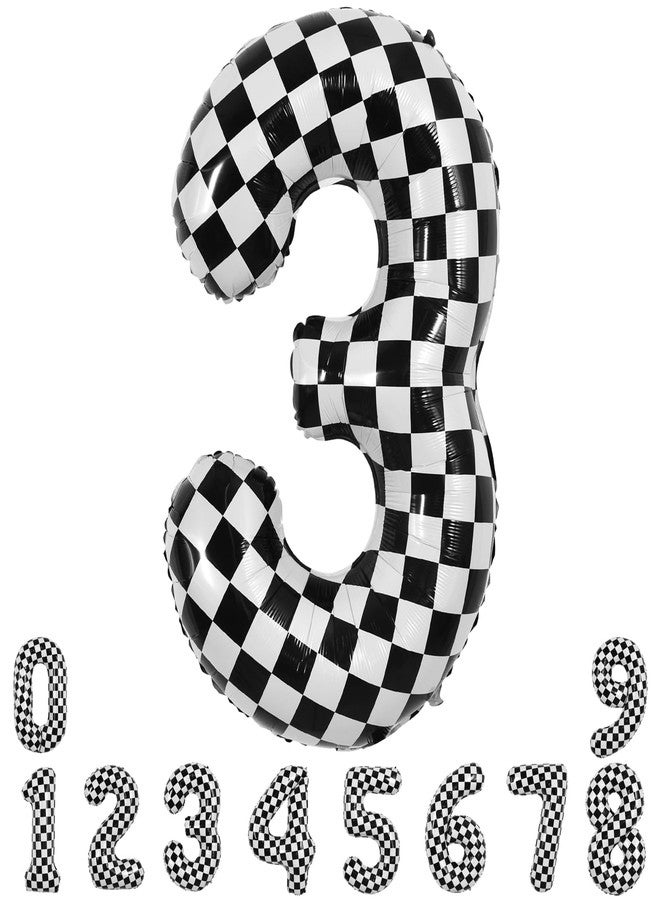 TONIFUL 40 Inch Checkered Number 3 Balloon 3rd Race Car Birthday Party Supplies Black and White Large Number Balloon for Girls Boys 3rd Birthday Fast Race Car Flag Party Decorations - Image 1