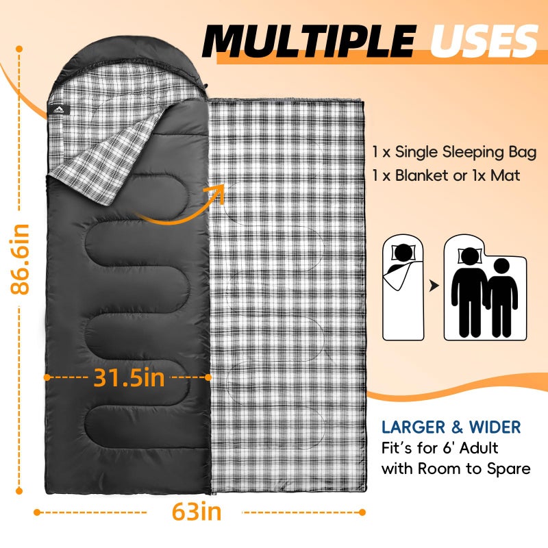 MEREZA Flannel Sleeping Bag for Adults XL, Large Wide Sleeping Bags for Camping Mens Warm Cotton Sleeping Bag 4 Season Warm & Cool Weather with Compression Sack (Black) - Image 2