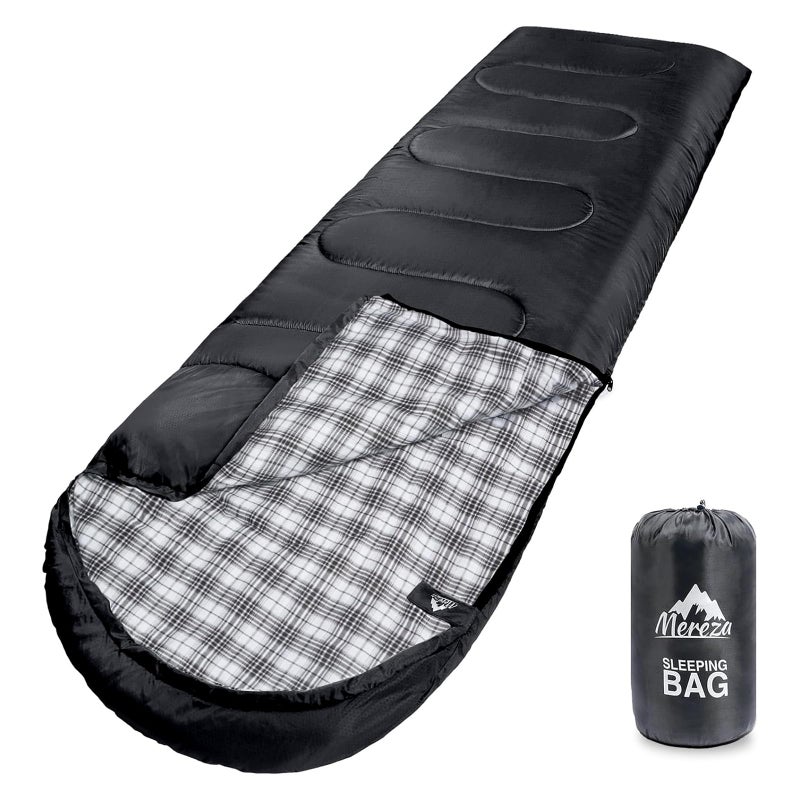 MEREZA Flannel Sleeping Bag for Adults XL, Large Wide Sleeping Bags for Camping Mens Warm Cotton Sleeping Bag 4 Season Warm & Cool Weather with Compression Sack (Black) - Image 1