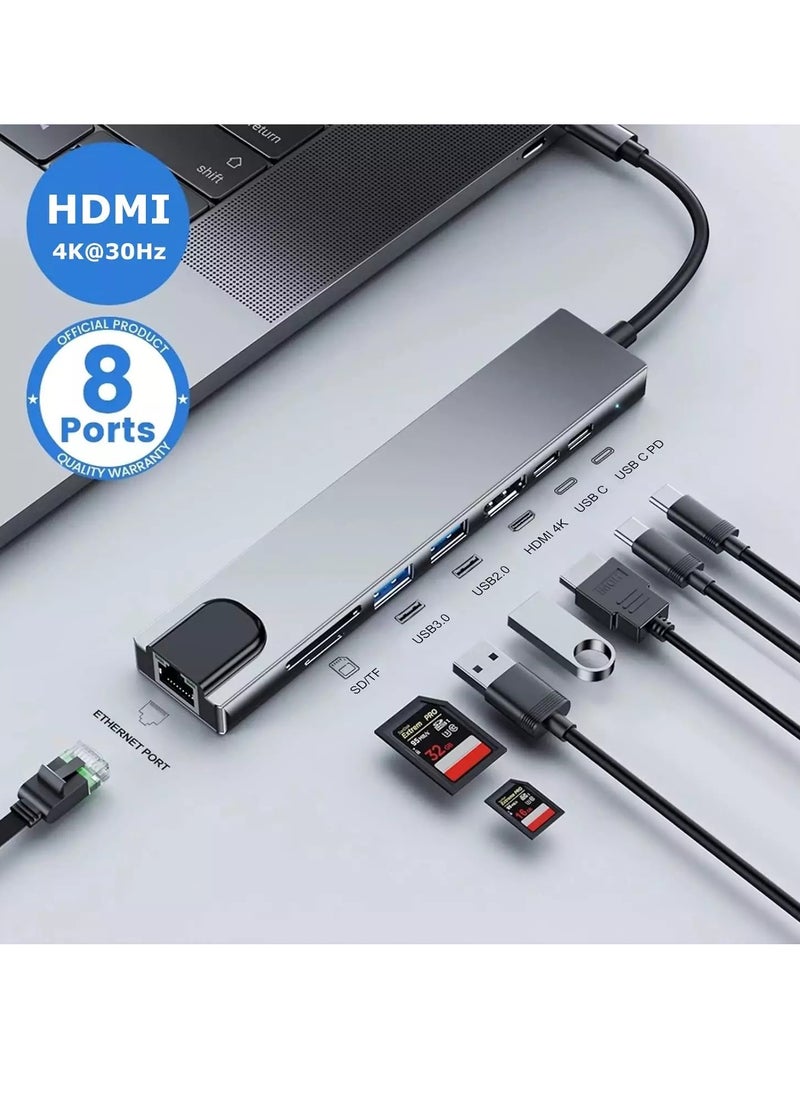 Generic - USB C HUB, 8-Port USB C Adapter with 4K HDMI, RJ45 Ethernet, Type C, Type C PD, USB3.0, USB2.0, SD/TF Card Reader, Support Windows 10, 8.1, Mac OS, Surface Pro, Linux, Chromebook and More - Image 1