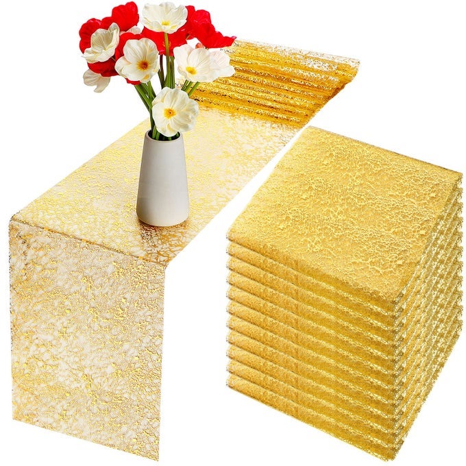 12 PIECES GOLD TABLE RUNNER 11 X 84 INCH METALLIC THIN MESH ROLL GLITTER GOLD TABLE DECOR FOR WEDDING PARTY EVENT PARTY BANQUET BIRTHDAY SUPPLIES
