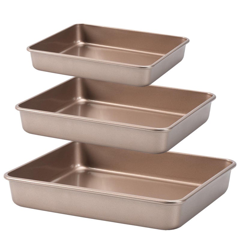 CAMOFOXIN Nonstick Roasting Pan Deep Baking Pan Set Large Cake Pan Sets for Oven 3Piece Brownie Pan Gold