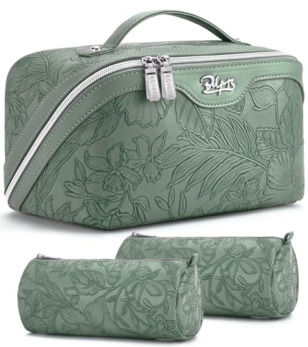 BOYATU Travel Makeup Bags Cosmetic Organizer Bag 3Set Large Capacity Make up Bag PU Leather Toiletry Bags for Women Wide Open Portable Pouch with Divider Handle 03Green2 - Image 1