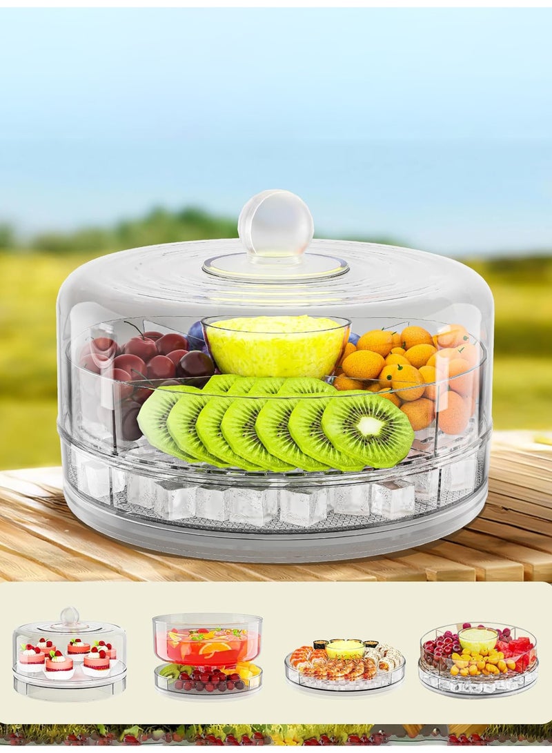 Bukela Multifunctional Serving Tray, Compact Chilled Serving Tray with Clear Rotating Lid, 9 Inch Fruit Platter Tray for Parties and Small Cake, Four Compartment Platter for Veggie Sushi Snacks Cupcakes - Image 1