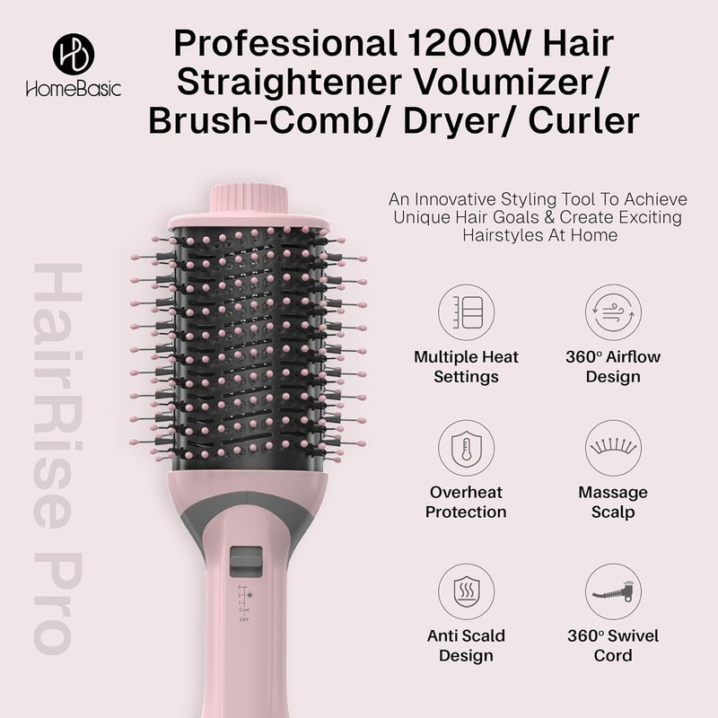 Home Basic HOMEBASIC 1200W Hot Air Brush For Women, Hair Straightening Brush/Dryer/Volumizer/Curler Comb, 3 Heat & Speed Settings+ Cool Option, 360° Airflow, Ceramic Plates, Auto Shut-Off, for Frizz Free Hair - Image 2