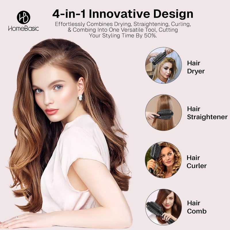 Home Basic HOMEBASIC 1200W Hot Air Brush For Women, Hair Straightening Brush/Dryer/Volumizer/Curler Comb, 3 Heat & Speed Settings+ Cool Option, 360° Airflow, Ceramic Plates, Auto Shut-Off, for Frizz Free Hair - Image 3