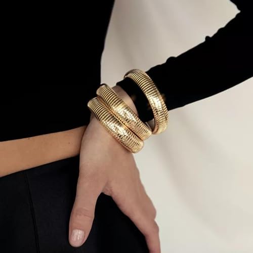 Ettika Gold Bangle Bracelets For Women. Chunky Gold Bracelets, Set of 3Pcs Flex Snake Chain Stretch Gold Tone Plated Bangles. Birthday Gifts - Image 2