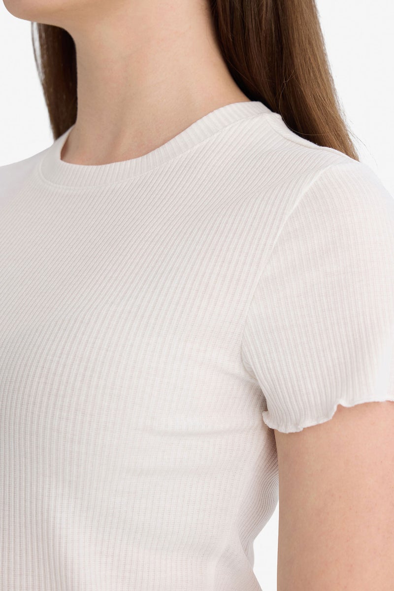 DeFacto White Woman Fitted Ribbed T-Shirt Casual - Image 4