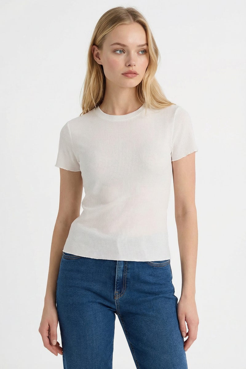 DeFacto White Woman Fitted Ribbed T-Shirt Casual - Image 3