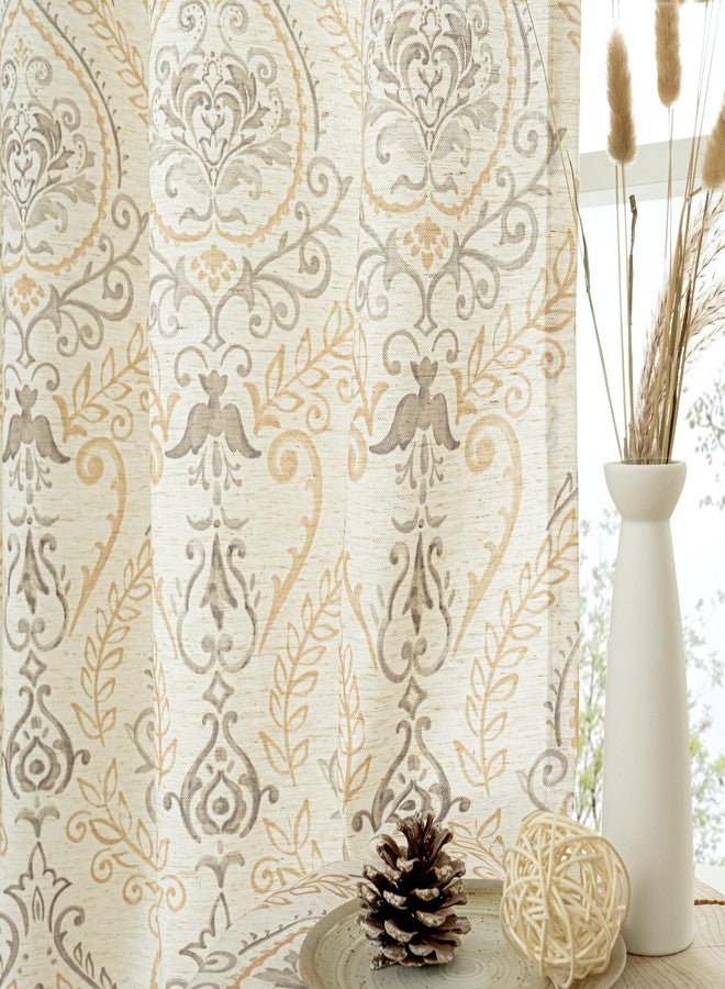LAMIT French Country Yellow Linen Curtains for Living Room, 84 Inch Length Vintage Damask Floral Printed Curtains Grommet Light Filtering Rustic Cottage Drapes, 2 Panels, Each 52 x 84 Inch - Image 2