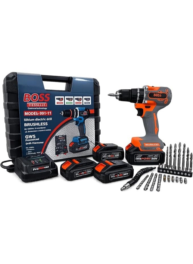 بوس طقم مثقاب ومفك براغي لاسلكي BOSS 88VF بمحرك بدون فرش، يشتمل على بطاريتين، وشاحن سريع، ورؤوس ثقب ومفك، ومجموعة رؤوس ربط (Sockets)، وحقيبة حمل – مثقاب كهربائي احترافي للخشب والمعدن. - Image 1