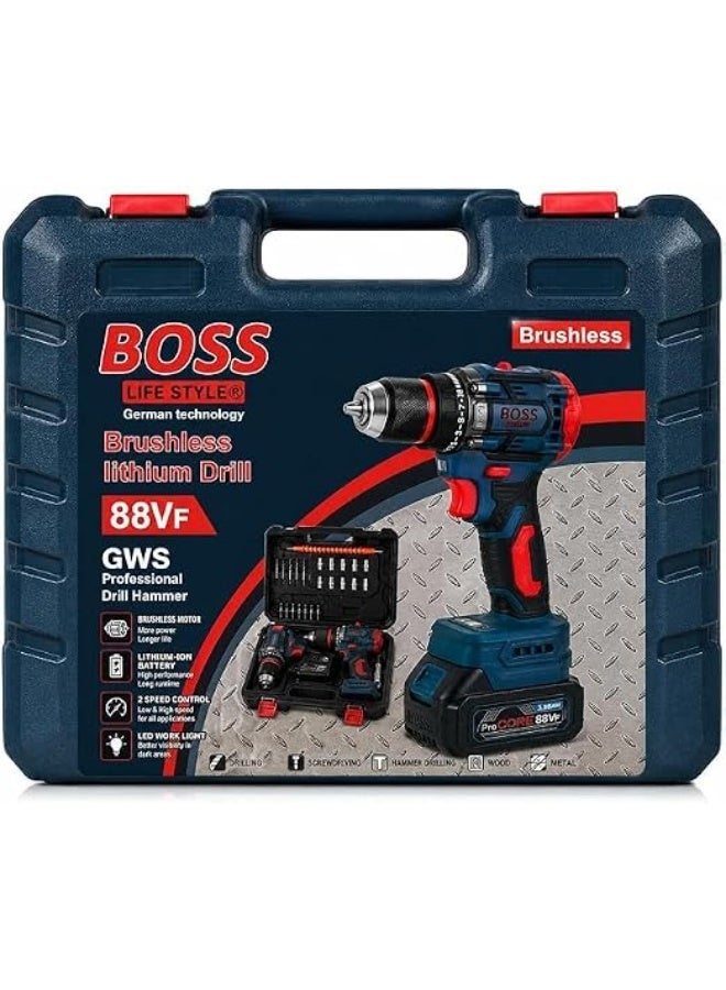 بوس طقم مثقاب ومفك براغي لاسلكي BOSS 88VF بمحرك بدون فرش، يشتمل على بطاريتين، وشاحن سريع، ورؤوس ثقب ومفك، ومجموعة رؤوس ربط (Sockets)، وحقيبة حمل – مثقاب كهربائي احترافي للخشب والمعدن. - Image 2