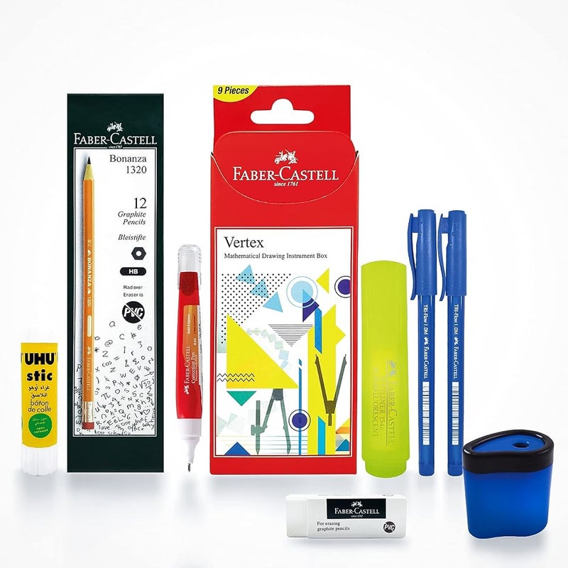 فابير كاستل مجموعة قرطاسية مدرسية من فابر-كاستيل (FABER-CASTELL)، تشمل: صندوق هندسي، 12 قلم غرافيت HB، ملصق لامع، ممحاة، قلم تصحيح، عصا لاصقة بوزن 8.2 جرام، قلم كروي، ومبرد أقلام. - Image 2