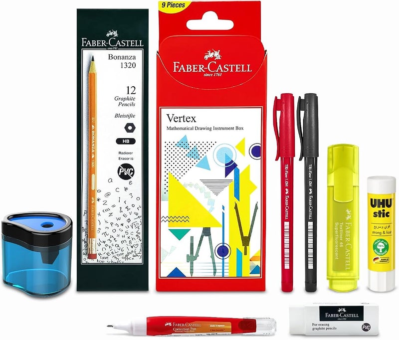 فابير كاستل مجموعة قرطاسية مدرسية من فابر-كاستيل (FABER-CASTELL)، تشمل: صندوق هندسي، 12 قلم غرافيت HB، ملصق لامع، ممحاة، قلم تصحيح، عصا لاصقة بوزن 8.2 جرام، قلم كروي، ومبرد أقلام. - Image 1
