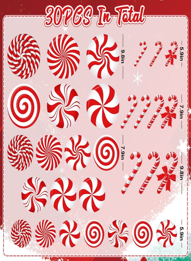 وولاين مجموعة ملصقات جدارية لعيد الميلاد من والين، 30 قطعة، باللونين الأحمر والأبيض، ملصقات أرضية على شكل حلوى بأحجام متنوعة، ورق جدران مطبوع عليه عصا حلوى النعناع، مقاوم للماء، ملصقات نوافذ مزدوجة الجوانب، مثالية لتزيين حفلات عيد الميلاد. - Image 2