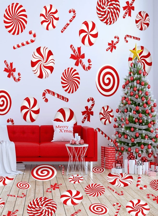 وولاين مجموعة ملصقات جدارية لعيد الميلاد من والين، 30 قطعة، باللونين الأحمر والأبيض، ملصقات أرضية على شكل حلوى بأحجام متنوعة، ورق جدران مطبوع عليه عصا حلوى النعناع، مقاوم للماء، ملصقات نوافذ مزدوجة الجوانب، مثالية لتزيين حفلات عيد الميلاد. - Image 3
