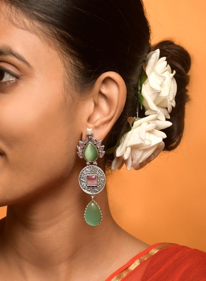 NAMAN ARTS Statement Drop Earrings with Pearl, Green and Pink Stones, Filigree Design - Image 3