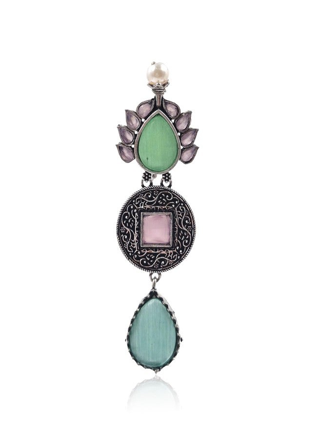 NAMAN ARTS Statement Drop Earrings with Pearl, Green and Pink Stones, Filigree Design - Image 5