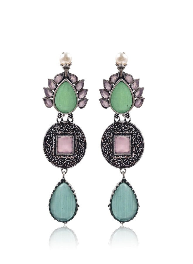 NAMAN ARTS Statement Drop Earrings with Pearl, Green and Pink Stones, Filigree Design - Image 1