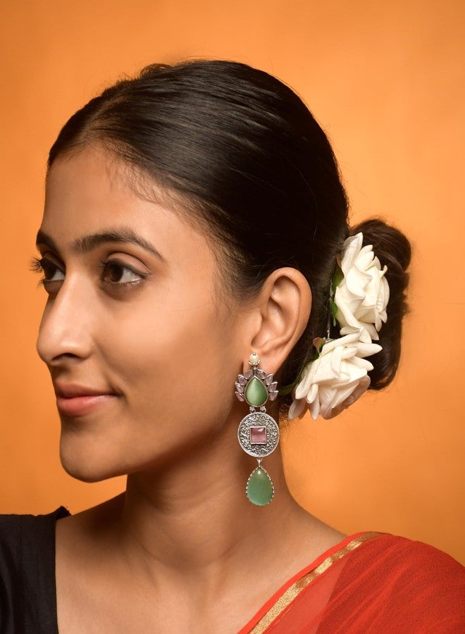 NAMAN ARTS Statement Drop Earrings with Pearl, Green and Pink Stones, Filigree Design - Image 2