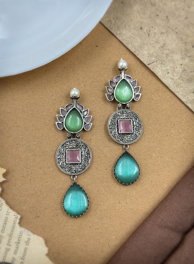 NAMAN ARTS Statement Drop Earrings with Pearl, Green and Pink Stones, Filigree Design - Image 4