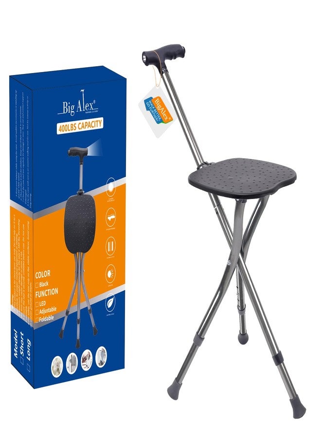 BigAlex Alloy Folding Cane with Seat, Lightweight Adjustable Walking Cane with Seat, Cane Seat with LED for Woman/Man, Comfortable Handle and 3 Non-Slip Legs, Walking Stick for Seniors,Silver - Image 1