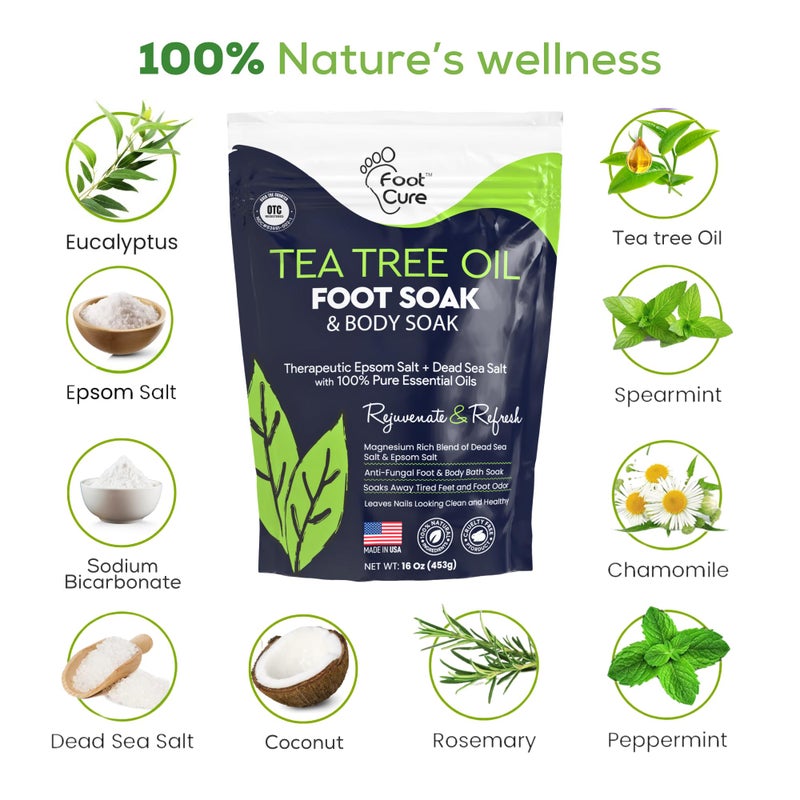 FOOT CURE Tea Tree Oil Foot Soak with Epsom Salts- for Foot Pain, Soreness, Athletes Foot, Odors, Toe Nail Fungus, Fungal, Calluses (Pack of 4) - Image 5