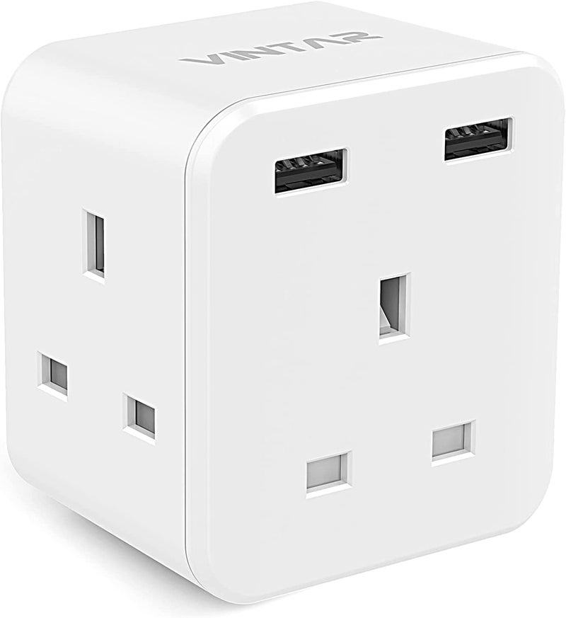 Plug Adaptor with 2 USB 3 Way Plugs Extension Multi Sockets Wall Charger Adapter 13A UK 3 Pin Power Socket for Bedroom Office Kitchen White1pack